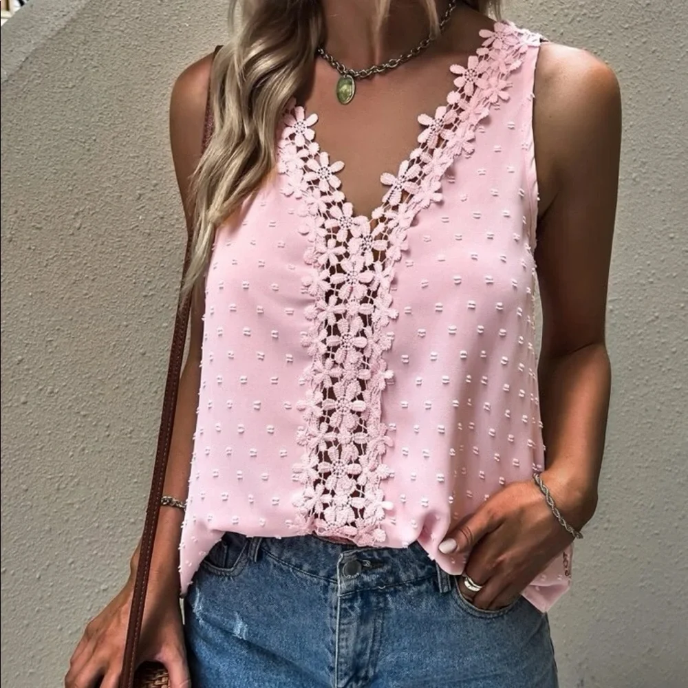 Boho Swiss dot lace detail sleeveless blouse